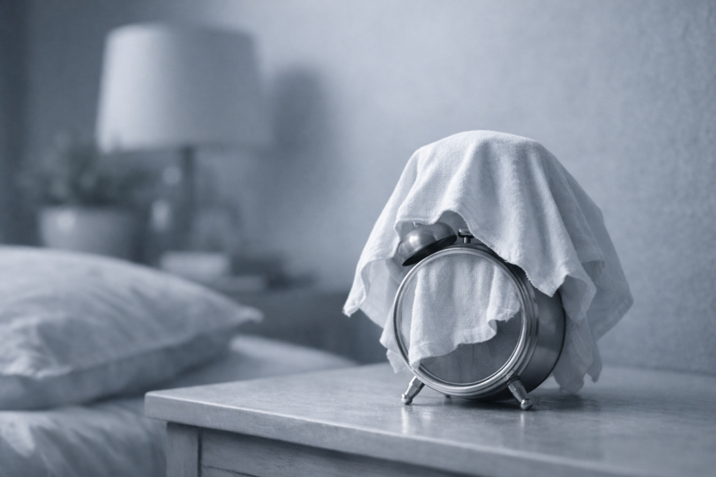 Objet familier dissimulé, présent mais inactif, dans un environnement calme et inchangé.