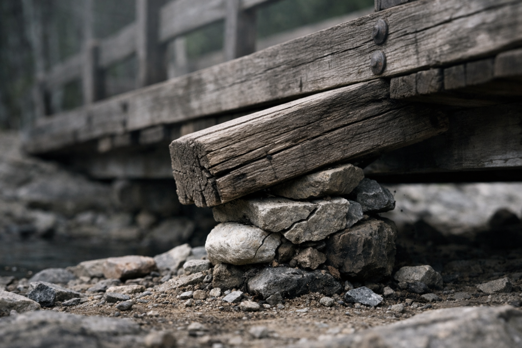 Structure ancienne encore en place, reposant sur des appuis fragilisés mais non rompus.