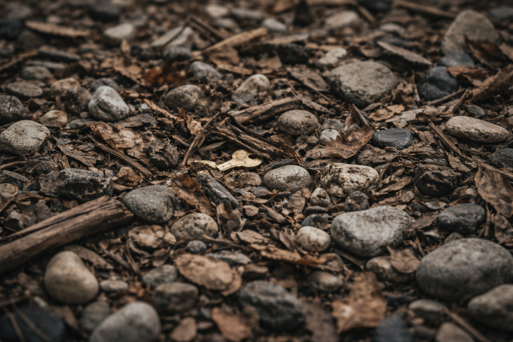 Petit objet distinct partiellement dissimulé dans un amas dense d’éléments similaires, sans hiérarchie apparente.