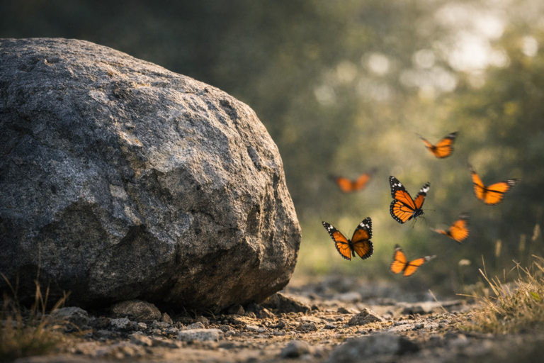 Élément massif et immobile contrastant avec des formes légères en mouvement dans un même environnement naturel.
