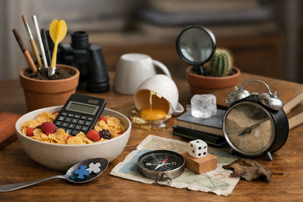 Ensemble d’objets du quotidien correctement fonctionnels mais associés de manière incohérente sur une même surface.