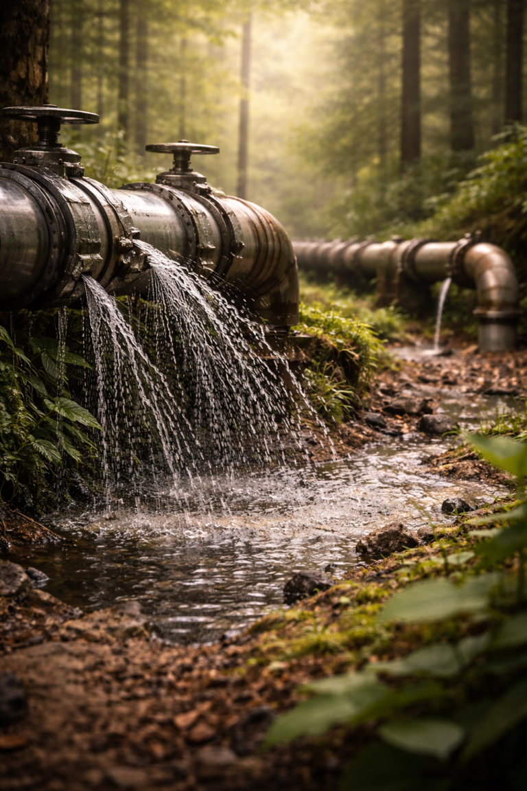 Conduites métalliques endommagées laissant s’échapper un flux lent et désynchronisé dans une forêt.