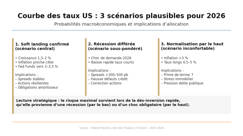 Infographie présentant trois scénarios macroéconomiques pour 2026 liés à la courbe des taux américaine : soft landing confirmé, récession différée et normalisation par le haut, avec leurs implications pour les actions, le crédit et les obligations.