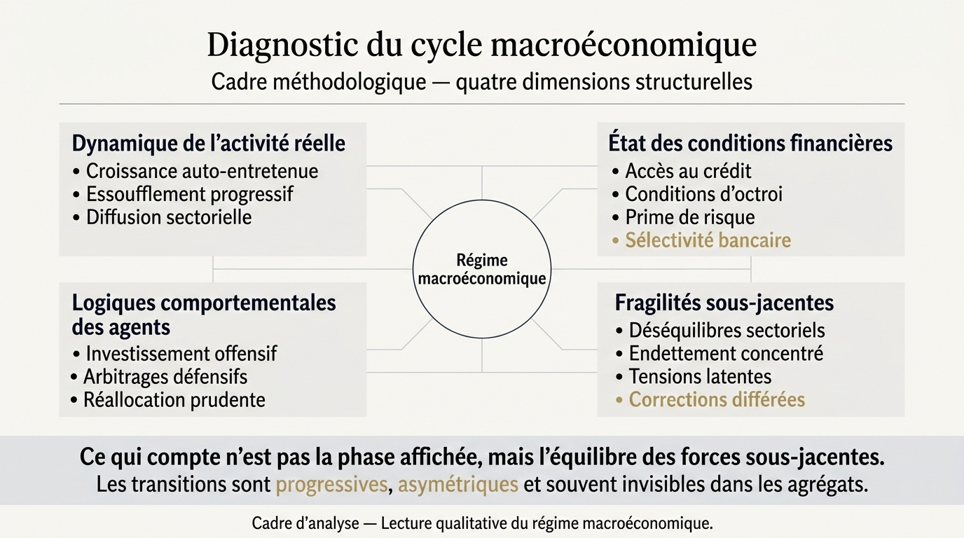 Schéma conceptuel du diagnostic du cycle macroéconomique présentant quatre dimensions : activité réelle, conditions financières, comportements des agents et fragilités sous-jacentes.