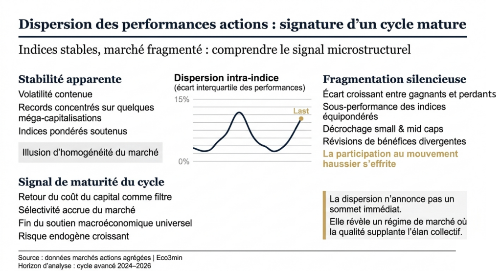 Infographie expliquant comment la dispersion des performances actions révèle un marché fragmenté en fin de cycle, avec écart croissant entre gagnants et perdants, sous-performance des indices équipondérés et signal de maturité du cycle.
