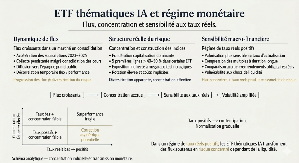 Infographie analytique montrant la relation entre flux vers les ETF IA, concentration des indices et sensibilité aux taux réels positifs