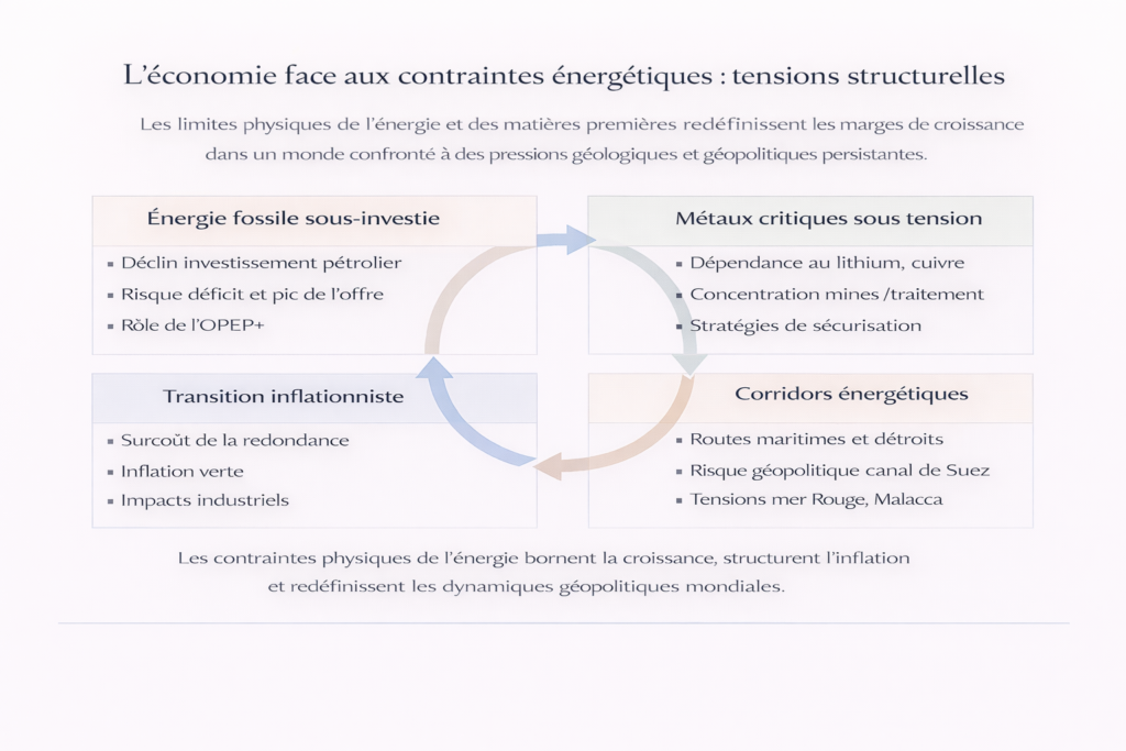 Schéma analytique présentant les contraintes énergétiques et matérielles : sous-investissement fossile, tensions sur les métaux critiques, vulnérabilité des corridors énergétiques et effets inflationnistes de la transition.
