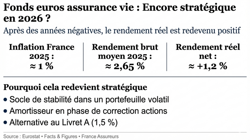 Infographie pédagogique analysant le rôle stratégique des fonds euros en 2026 : inflation modérée, rendements obligataires plus élevés et retour d’un rendement réel positif