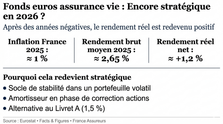 Infographie institutionnelle Eco3min en Mode Site (fond blanc) analysant la pertinence des fonds euros en 2026. Le visuel présente trois indicateurs clés : inflation à 1 %, rendement brut à 2,65 % et rendement réel net à +1,2 %. Le style est purement textuel, utilisant les polices Georgia et Arial, sans aucune icône ni élément décoratif conformément aux interdits de la charte.