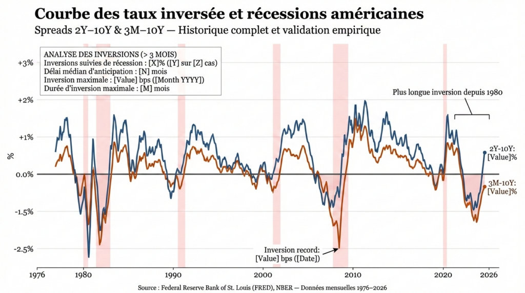 Historical chart of 2Y–10Y and 3M–10Y bond spreads since 1976, with NBER recession bands. Each prolonged inversion preceded a recession, with a 6- to 24-month lag.