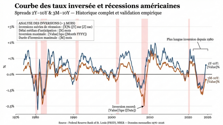 Graphique historique des spreads obligataires 2 ans–10 ans et 3 mois–10 ans depuis 1976, avec bandes de récession NBER et analyse des inversions prolongées de la courbe des taux.