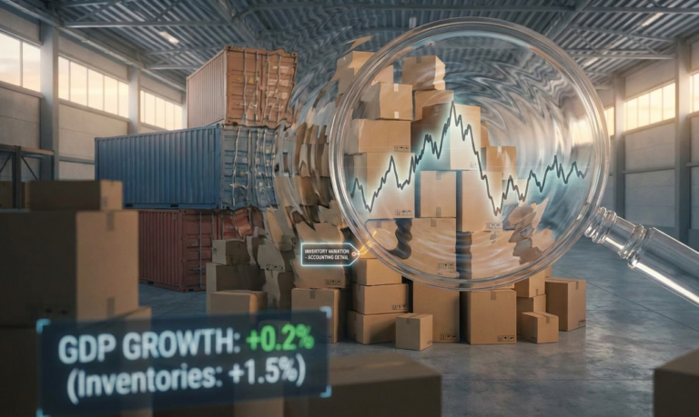 Une loupe grossit un graphique de variation des stocks sur des cartons dans un entrepôt, avec un affichage numérique indiquant une croissance du PIB de +0,2% fortement influencée par une hausse des inventaires de +1,5%.
