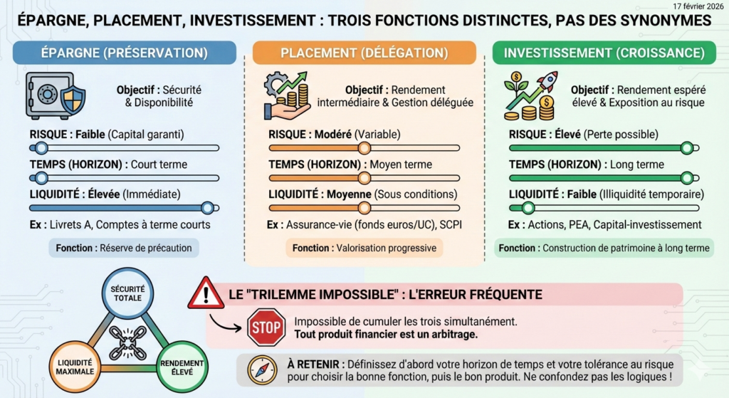 Comparative infographic between saving, placing, and investing. It shows three columns detailing risk (low to high), time horizon (short to long term), and liquidity for each category, along with a diagram of the financial trilemma (safety, return, liquidity).
