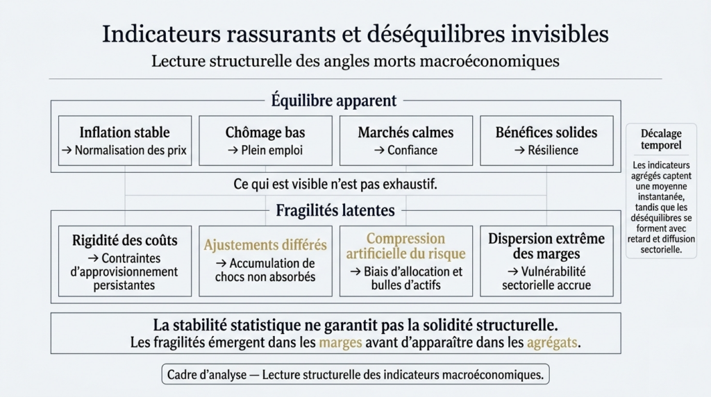 Schéma conceptuel illustrant comment des indicateurs macroéconomiques rassurants peuvent masquer des fragilités structurelles et des déséquilibres latents.