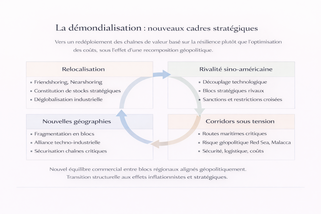 Analytical diagram presenting deglobalization through four axes: industrial reshoring, Sino-American rivalry, tensions on strategic corridors, and new geographies of production.