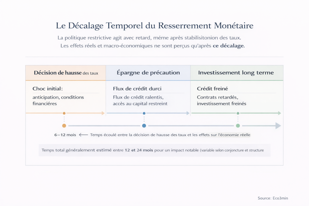 Transmission chain of monetary tightening: Policy rates in restrictive territory → Progressive repricing of the stock of credit → Endogenous tightening of lending standards (financial accelerator) → Sequential slowdown: financial conditions (T+0-6), credit (T+6-12), investment (T+12-18), employment (T+18-24).
