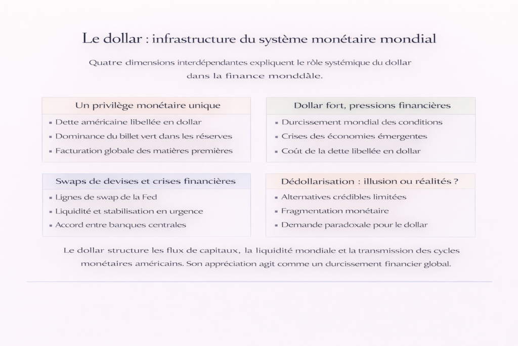 Schéma conceptuel structurant le rôle du dollar autour de quatre axes : privilège monétaire américain, impact d'un dollar fort sur les conditions financières mondiales, lignes de swap en période de crise et limites de la dédollarisation.