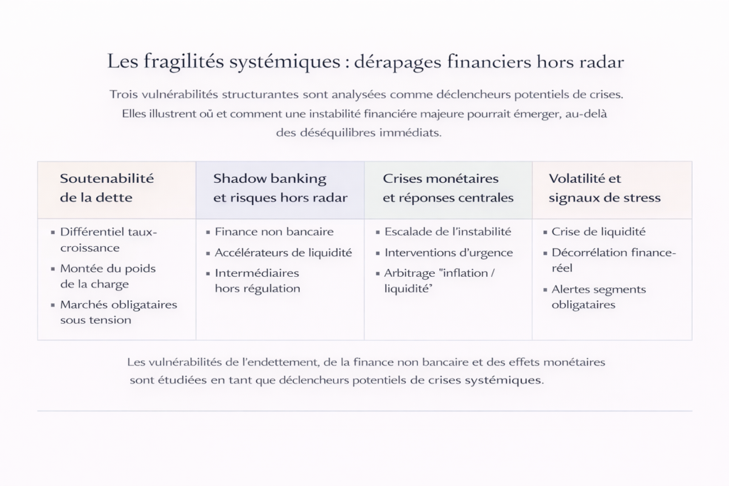 Schéma conceptuel présentant les principales fragilités systémiques : soutenabilité de la dette, shadow banking, crises monétaires et signaux de stress financier.