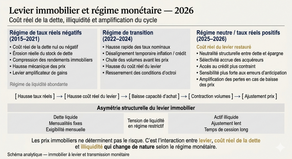 Infographie analytique montrant l’impact du régime de taux réels sur le levier immobilier, le coût réel de la dette et l’illiquidité en 2026.