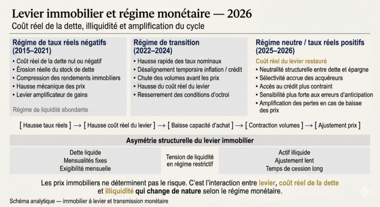 Infographie analytique montrant l’impact du régime de taux réels sur le levier immobilier, le coût réel de la dette et l’illiquidité en 2026.