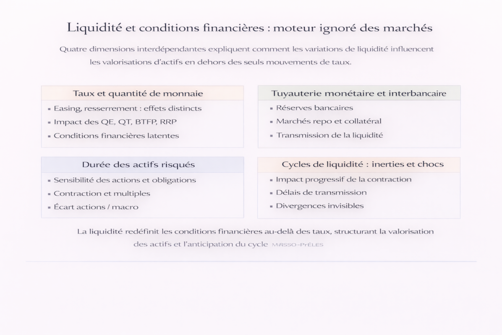 Schéma analytique structurant la liquidité en quatre dimensions : politique monétaire (QE/QT), tuyauterie interbancaire, sensibilité des actifs risqués et cycles de liquidité avec effets différés.