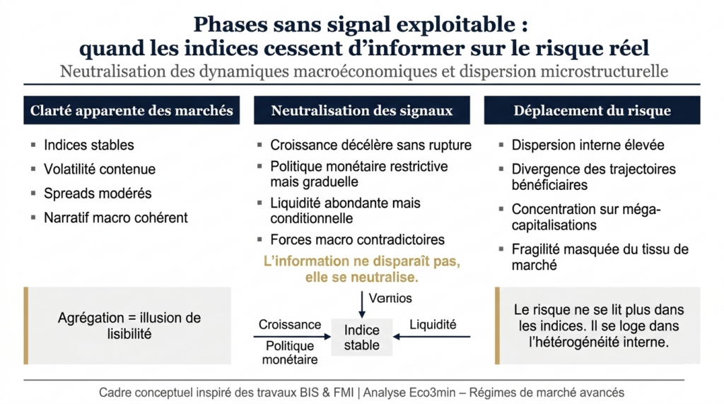 Infographie montrant comment, dans certains régimes de marché, la neutralisation des forces macroéconomiques maintient des indices stables tandis que le risque se déplace vers la dispersion interne et la microstructure.