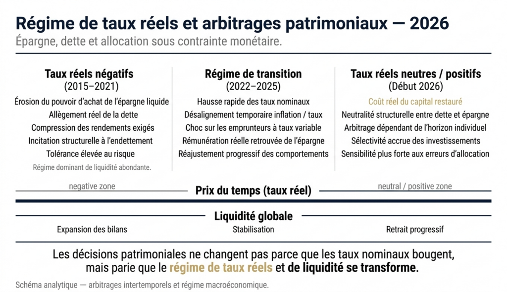 Infographie analytique montrant l’impact des régimes de taux réels (négatifs, transition, neutres) sur les arbitrages d’épargne, d’endettement et d’investissement en 2026.