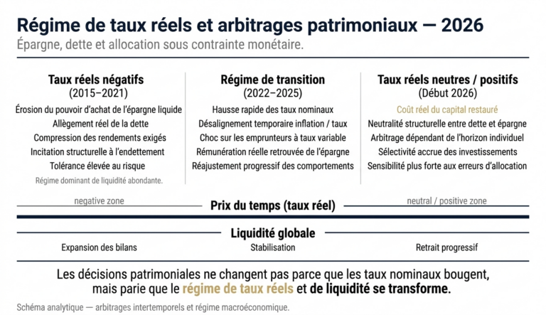 Infographie analytique montrant l’impact des régimes de taux réels (négatifs, transition, neutres) sur les arbitrages d’épargne, d’endettement et d’investissement en 2026.