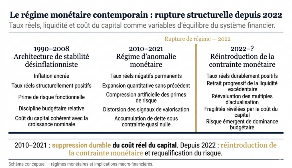 Schéma conceptuel illustrant le basculement du régime monétaire mondial : passage de taux réels négatifs (2010–2021) à un régime de contrainte monétaire depuis 2022.
