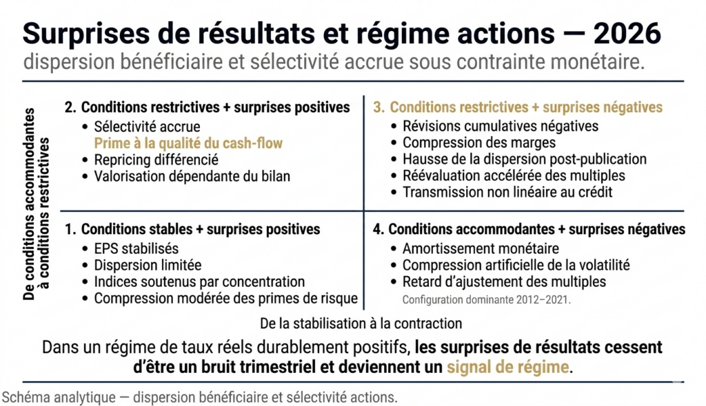 Matrice analytique reliant surprises de résultats et conditions financières en 2026, montrant la dispersion bénéficiaire sous régime de taux réels positifs.