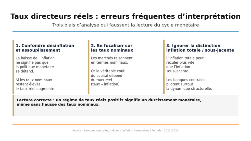 Infographie présentant trois erreurs fréquentes d’interprétation des taux directeurs réels : confondre désinflation et assouplissement monétaire, se focaliser sur les taux nominaux et négliger la distinction entre inflation totale et sous-jacente.