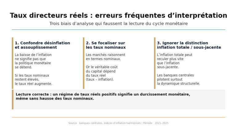 Infographie présentant trois erreurs fréquentes d’interprétation des taux directeurs réels : confondre désinflation et assouplissement monétaire, se focaliser sur les taux nominaux et négliger la distinction entre inflation totale et sous-jacente.