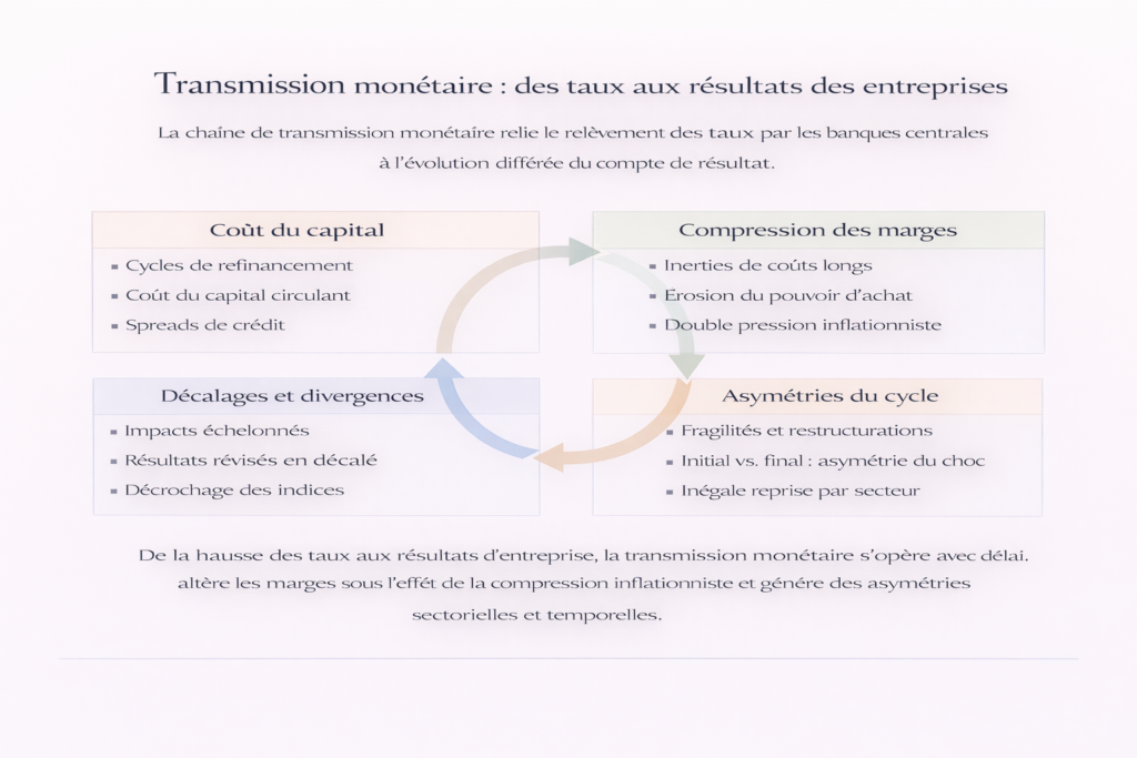 Schéma conceptuel illustrant la chaîne de transmission entre une hausse des taux directeurs et l'évolution différée des résultats des entreprises : coût du capital, compression des marges, décalages temporels et asymétries sectorielles.