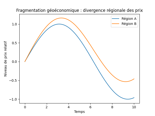 Gradual divergence in the price of the same commodity between two regions, illustrating geopolitical fragmentation of commodity markets and the impossibility of immediate cross-regional arbitrage.