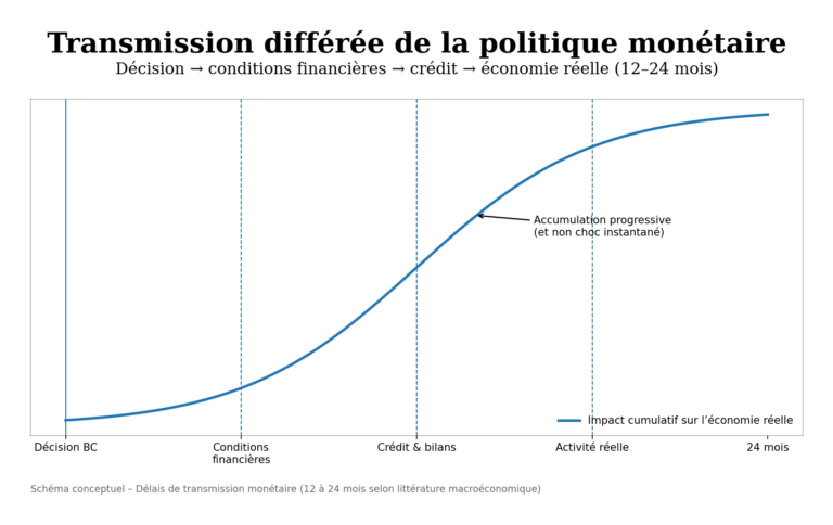 Schéma montrant la transmission différée de la politique monétaire des décisions de taux aux conditions financières, au crédit puis à l’économie réelle sur 12 à 24 mois.