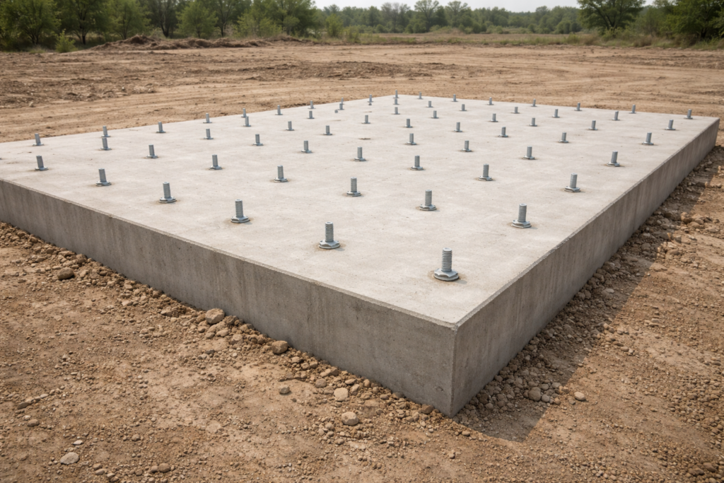 Dalle de fondation massive avec ancrages métalliques fixés de manière permanente dans le sol