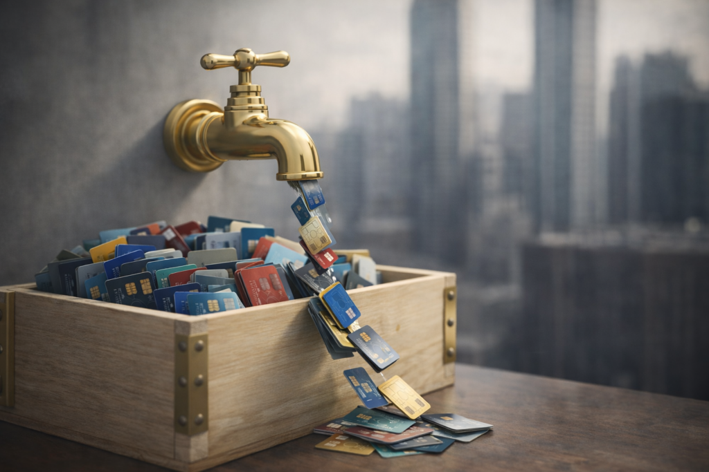 Cartes de crédit s’écoulant lentement d’un robinet doré malgré un dispositif ouvert