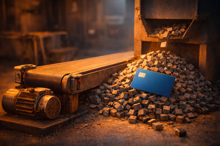 Convoyeur industriel à l’arrêt tandis qu’un stock de blocs continue de s’accumuler, avec une carte de crédit posée sur le tas