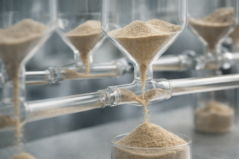 Système de flux compartimenté où un écoulement continu se transforme en accélérations et blocages successifs