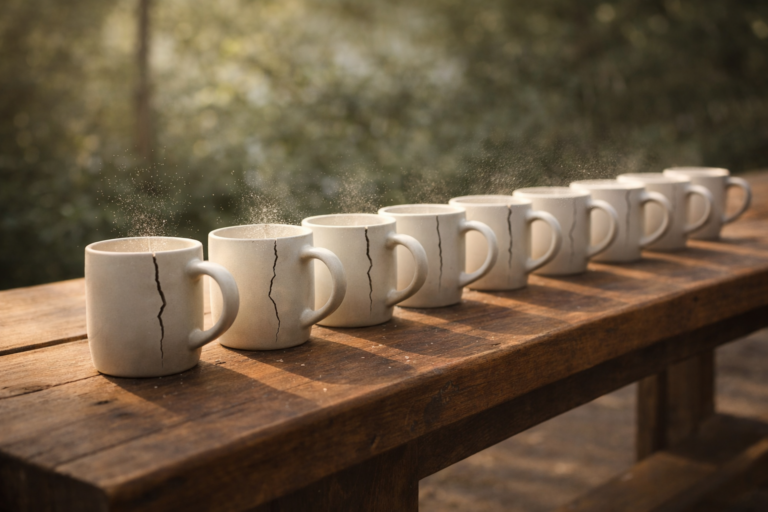 Rangée d’objets identiques présentant tous la même fissure structurelle au même moment