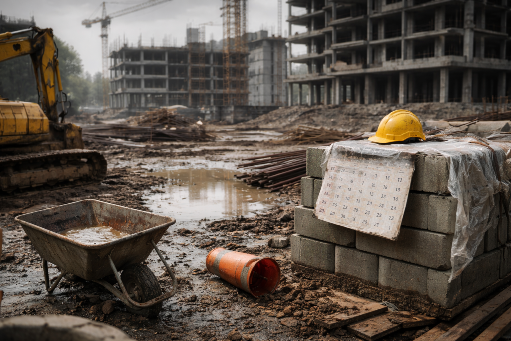 Chantier de construction partiellement à l’arrêt, avec équipements immobiles et matériaux stockés, tandis que les bâtiments restent inachevés en arrière-plan