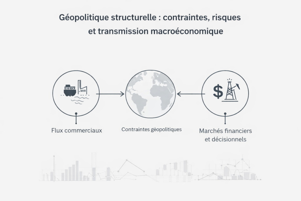 Macroeconomic transmission diagram of geopolitical constraints toward trade flows and financial markets