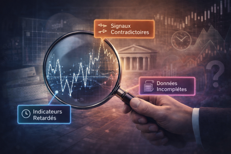 Illustration montrant la difficulté d’identifier un cycle du crédit en temps réel en raison d’indicateurs retardés, de signaux contradictoires et de données incomplètes.