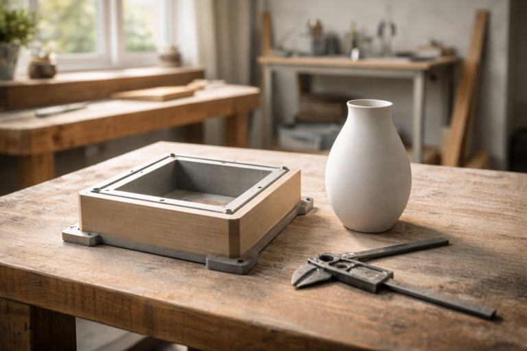 Objet fini posé à côté d’un moule encore vide, dans un atelier éclairé par une lumière naturelle