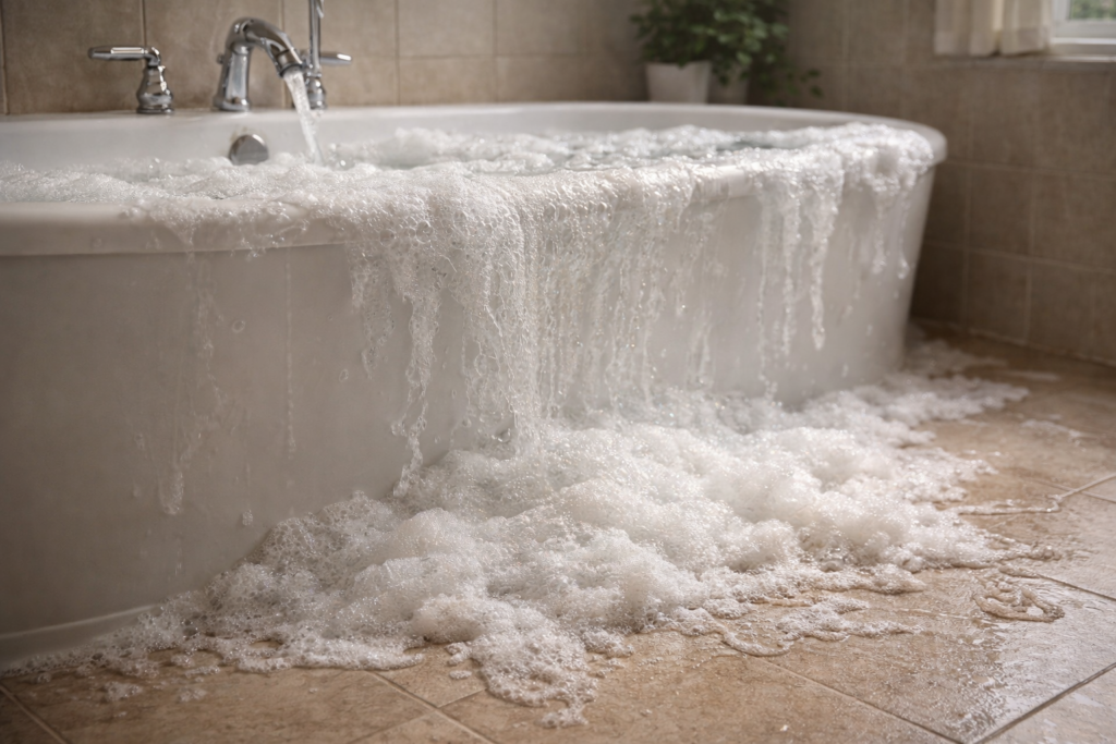 Baignoire remplie au-delà de sa capacité laissant l’eau s’écouler sur le sol sans rupture immédiate