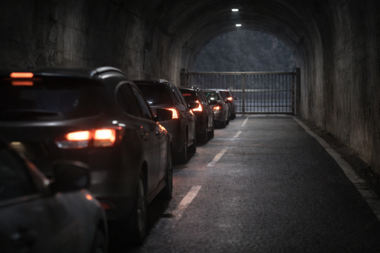 File de voitures immobilisées dans un tunnel fermé, illustrant le décalage entre le durcissement du crédit et le ralentissement effectif de l’économie.