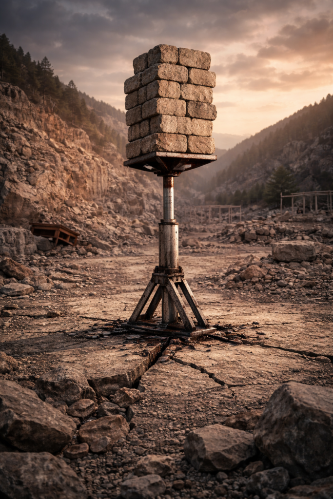 Empilement de blocs de pierre reposant sur un support mécanique unique, illustrant une structure instable soumise à une contrainte excessive.