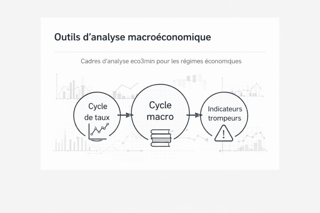 Schéma des outils d’analyse macroéconomique eco3min : cycle de taux, cycle macro et indicateurs trompeurs