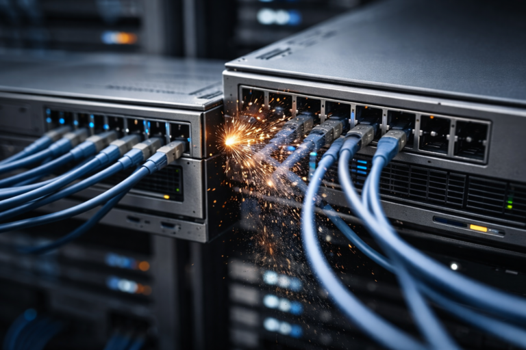 Serveurs informatiques interconnectés présentant une défaillance brutale sur un point de connexion