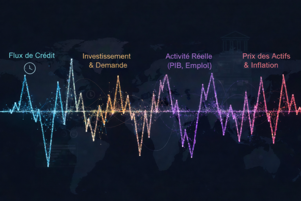 Schéma illustrant la séquence du cycle du crédit, des flux de financement à l'investissement, à l'activité réelle puis aux prix des actifs et à l'inflation.